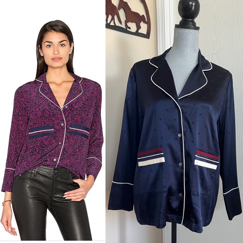 DEREK LAM 10 CROSBY Pajama Blouse Button Down Midnight 12